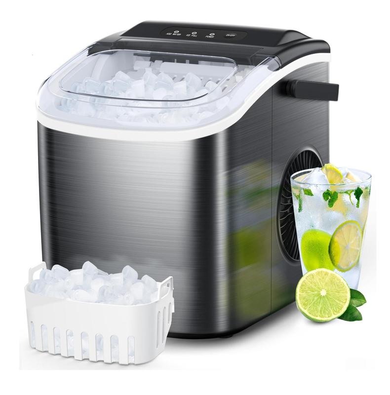 Máquina de Hielo Portátil de Encimera, Fabricadora de Hielo Tipo Bala con Autolimpieza, Acero Inoxidable o Plástico ABS, Produce 26.5 lb (12 kg) de Hielo en 24 Horas, 9 Cubos en 6 Minutos, Ideal para Cocina, Hogar, Oficina, Fiestas y RV.