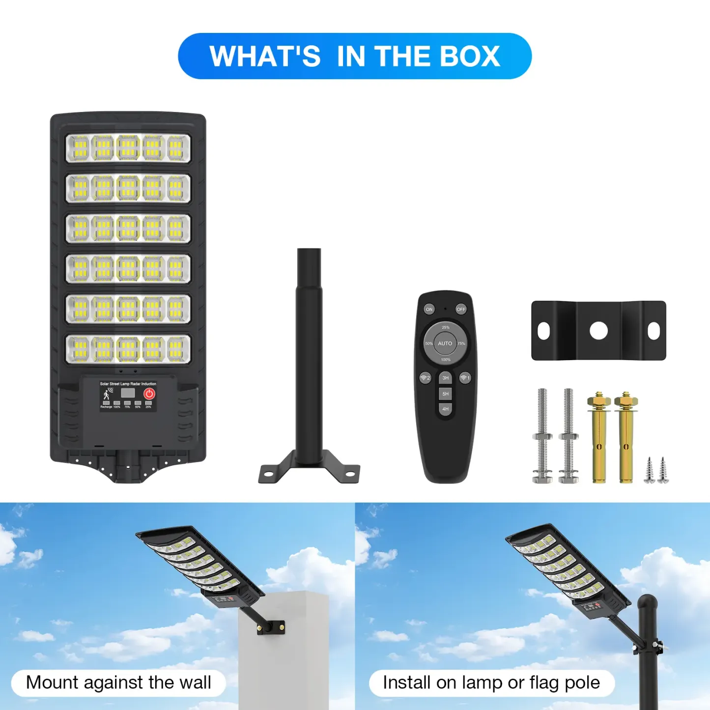 Luz solar para calles 4 unidades, 30,000LM, luz exterior tipo foco, de anochecer a amanecer, IP66 impermeable, luz solar para estacionamiento con control remoto, lámpara de seguridad regulable 6500K.