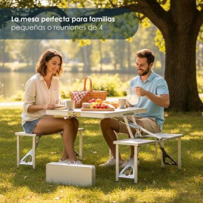 Mesa Plegable Portátil 4 Bancos Integrados Estilo Portafolio Para Camping, picnic o Jardín Estructura de aluminio reforzado y plástico resistente
