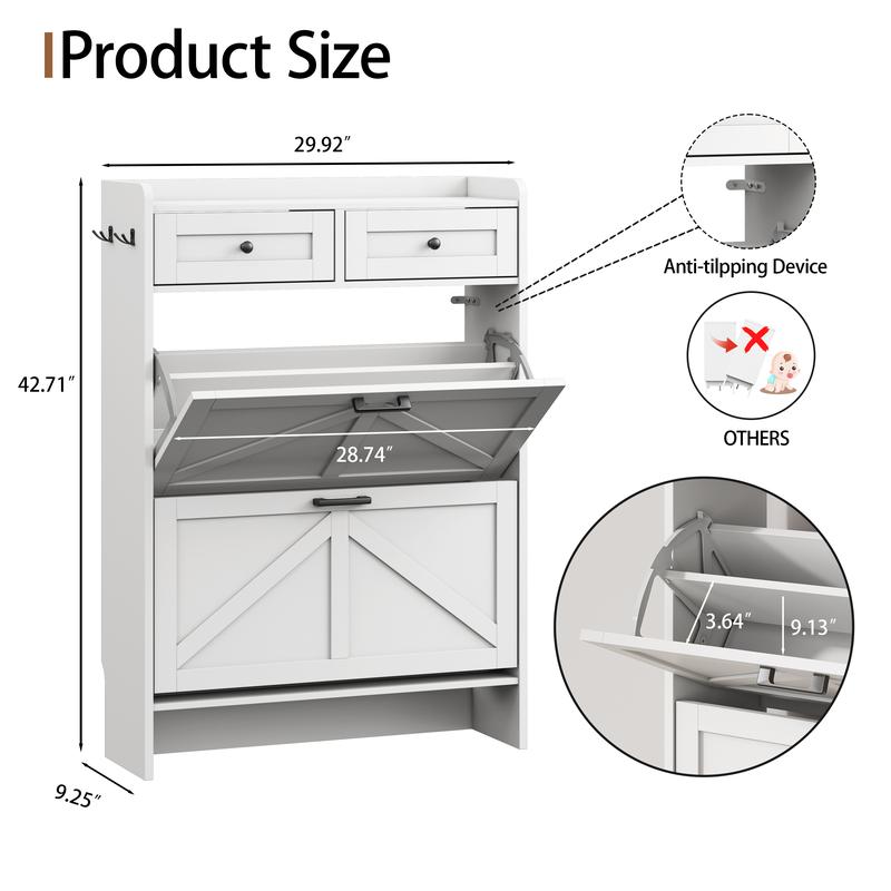 Zapatera Estrecha para Entrada, Organizador de Zapatos con 2 Compartimentos Abatibles, Cajón Superior, Repisas Ajustables y Ganchos, Mueble de Almacenamiento para Recibidor