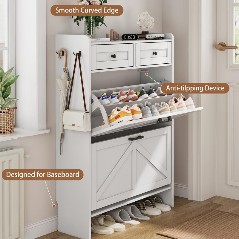 Zapatera Estrecha para Entrada, Organizador de Zapatos con 2 Compartimentos Abatibles, Cajón Superior, Repisas Ajustables y Ganchos, Mueble de Almacenamiento para Recibidor