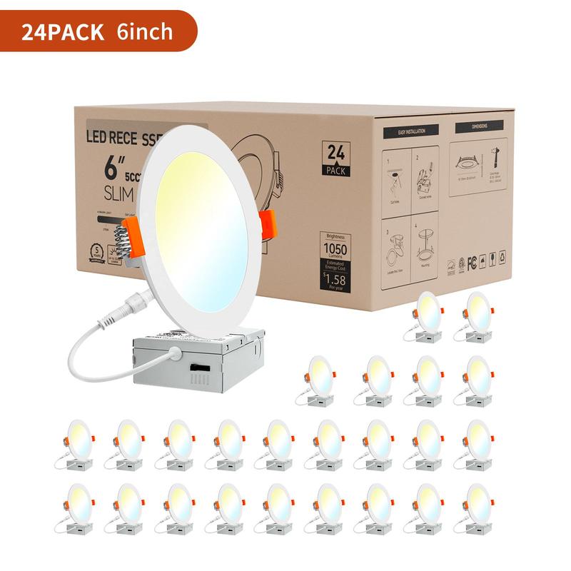 Luz empotrada LED de 6 pulgadas con caja de conexión, 5 temperaturas de color ajustables (2700K/3000K/3500K/4000K/5000K), 1050lm, 12W equivalente a 110W, luz de alta luminosidad regulable, downlight Energy Star.