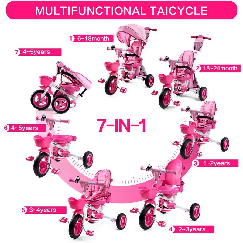 Triciclo 6 en 1 para Niños de 18 Meses a 5 Años, con Manija y Asiento Ajustables, Arnés, Toldo Desmontable y Estructura Metálica de 3 Ruedas
