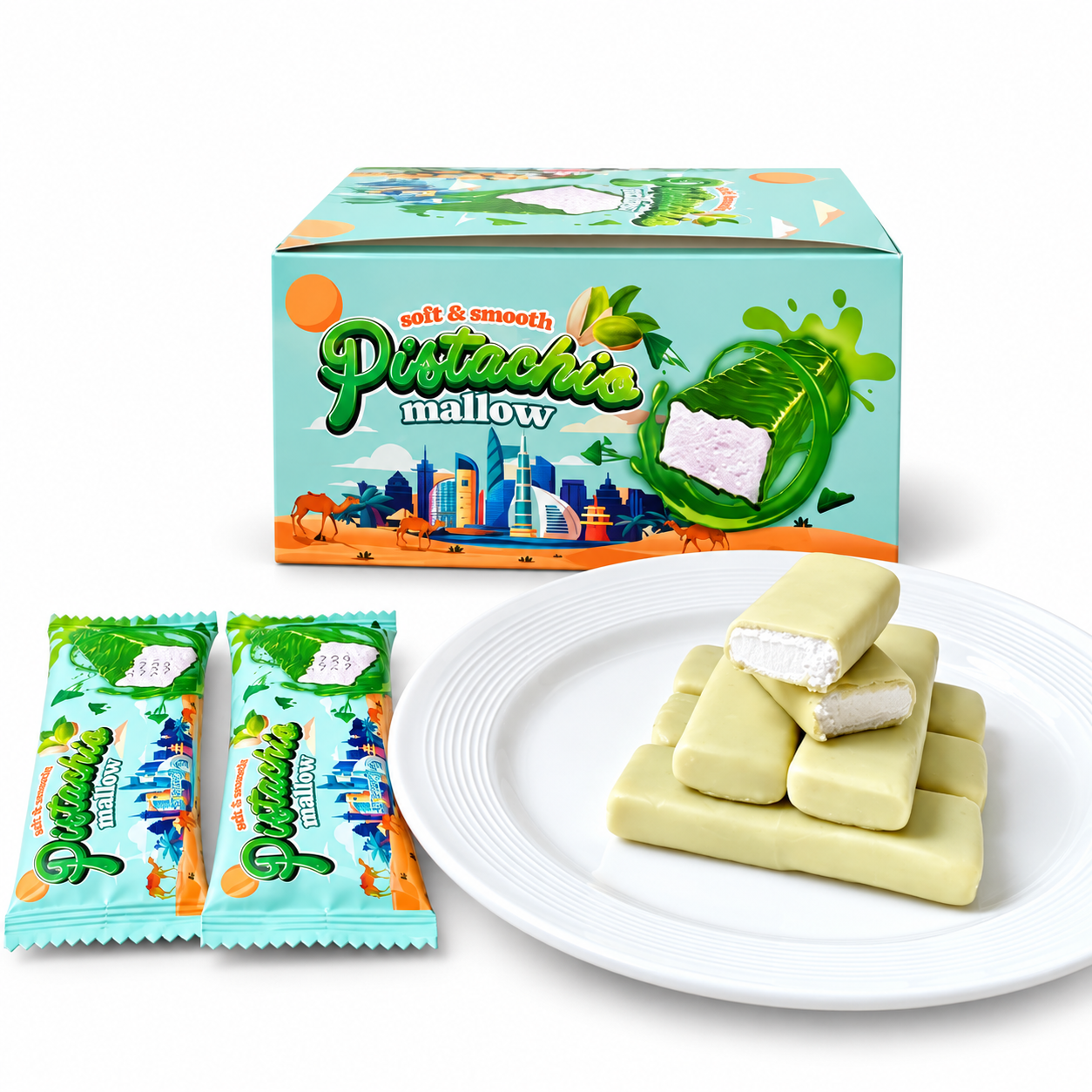 Pistachio-Flavored Chocolate Coated Marshmallow Bars, Individually Wrapped Bulk Wholesale Candy