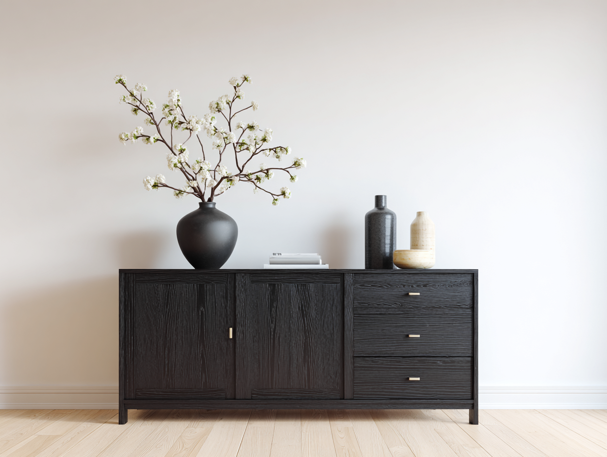 Mueble recibidor de madera 180x40x82 cm - negro con 2 puertas y 3 cajones - estilo moderno para entrada-Maviakadecor