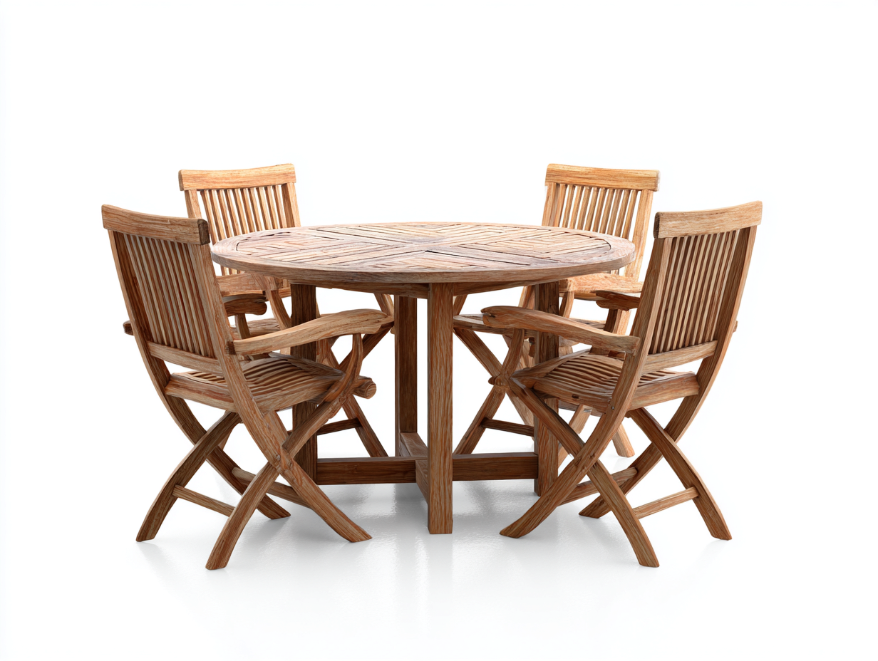 Conjuntos de comedor de jardín de madera con mesa redonda y 4 sillas 120x120x75 cm para terraza - madera natural - diseño clásico-Maviakadecor