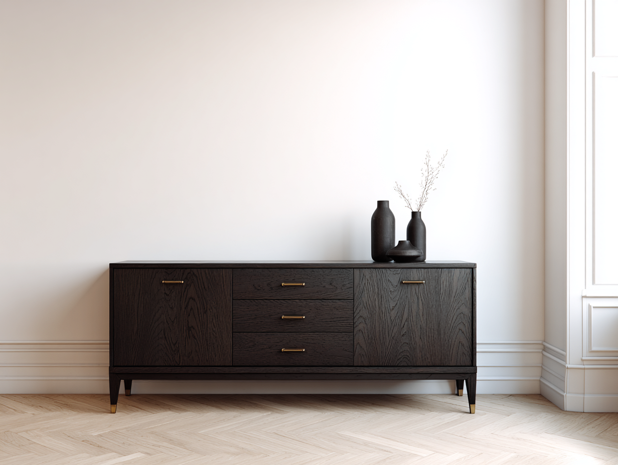 Mueble recibidor de madera con 2 puertas y 3 cajones 220x45x80 cm para entrada - negro-dorado - diseño moderno-Maviakadecor