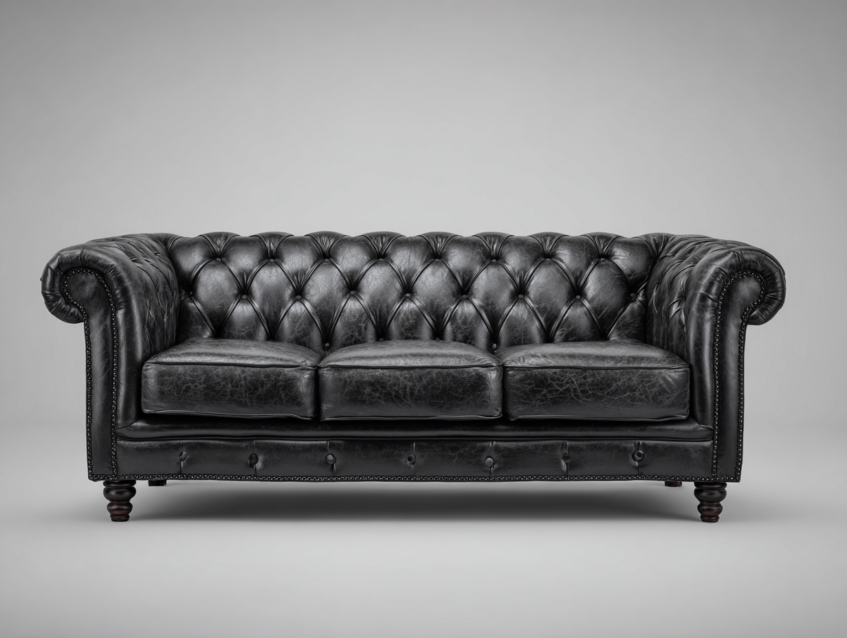 Sofás 3 plazas tapizado efecto cuero 225x95x82 cm - Negro - Diseño Chesterfield clásico-Maviakadecor