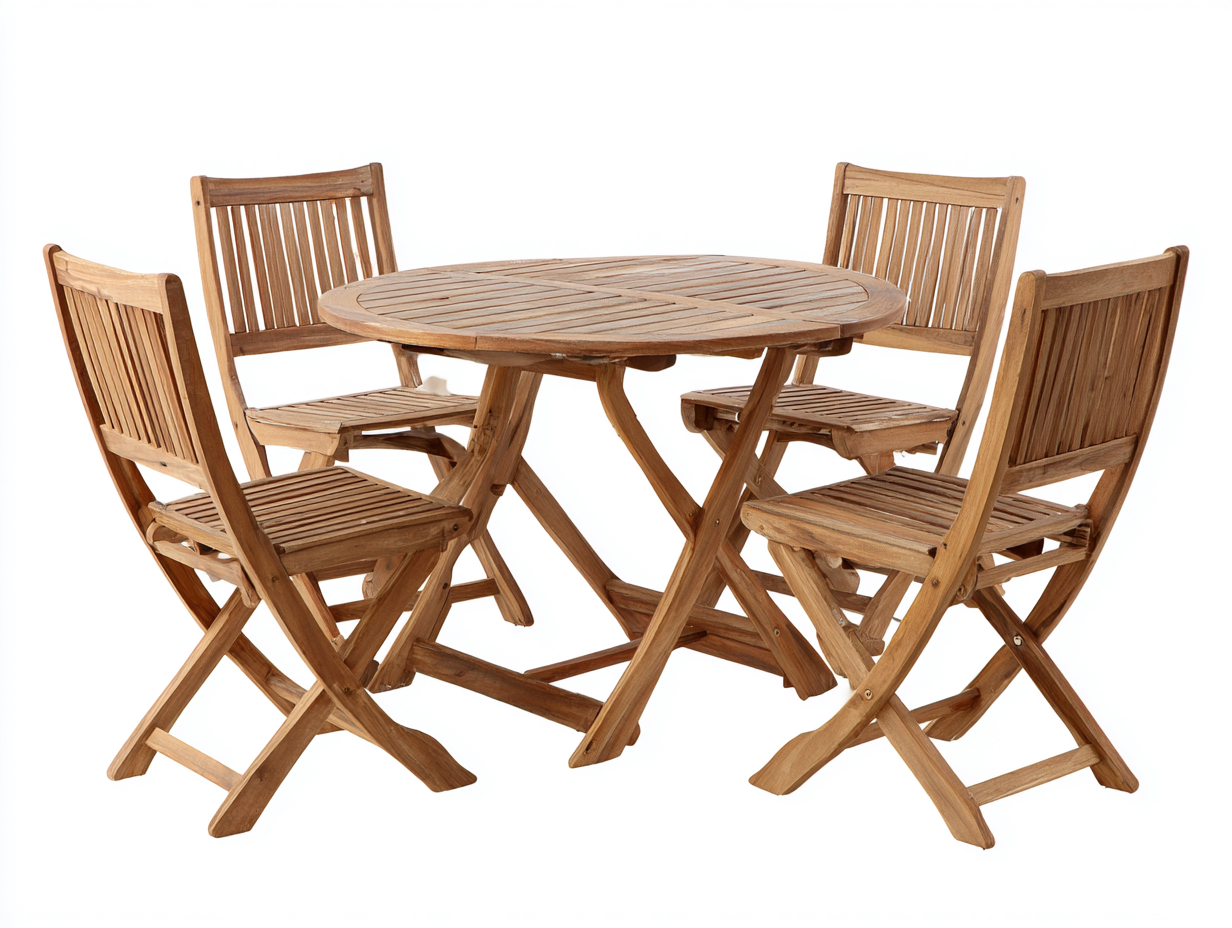 Conjuntos de comedor de jardín de madera con mesa redonda y 4 sillas 120x120x75 cm para terraza - madera natural - diseño plegable-Maviakadecor