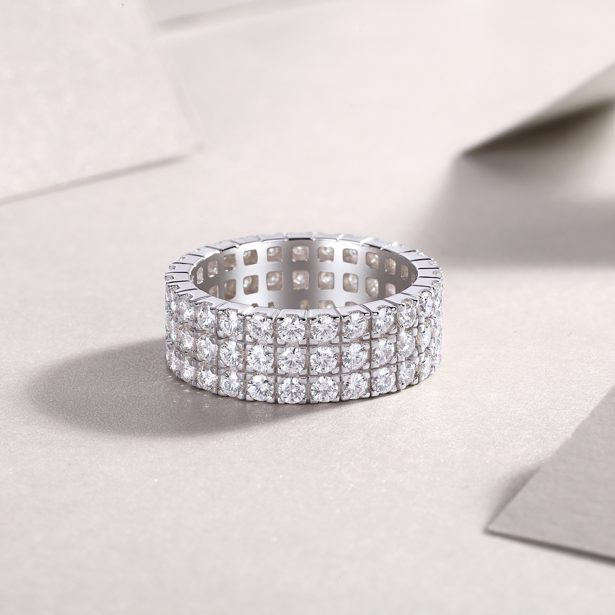 Moissanite Triple Row Pave Full Eternity Wedding Band Stackable Ring-Sterling Silver-lornajewelry