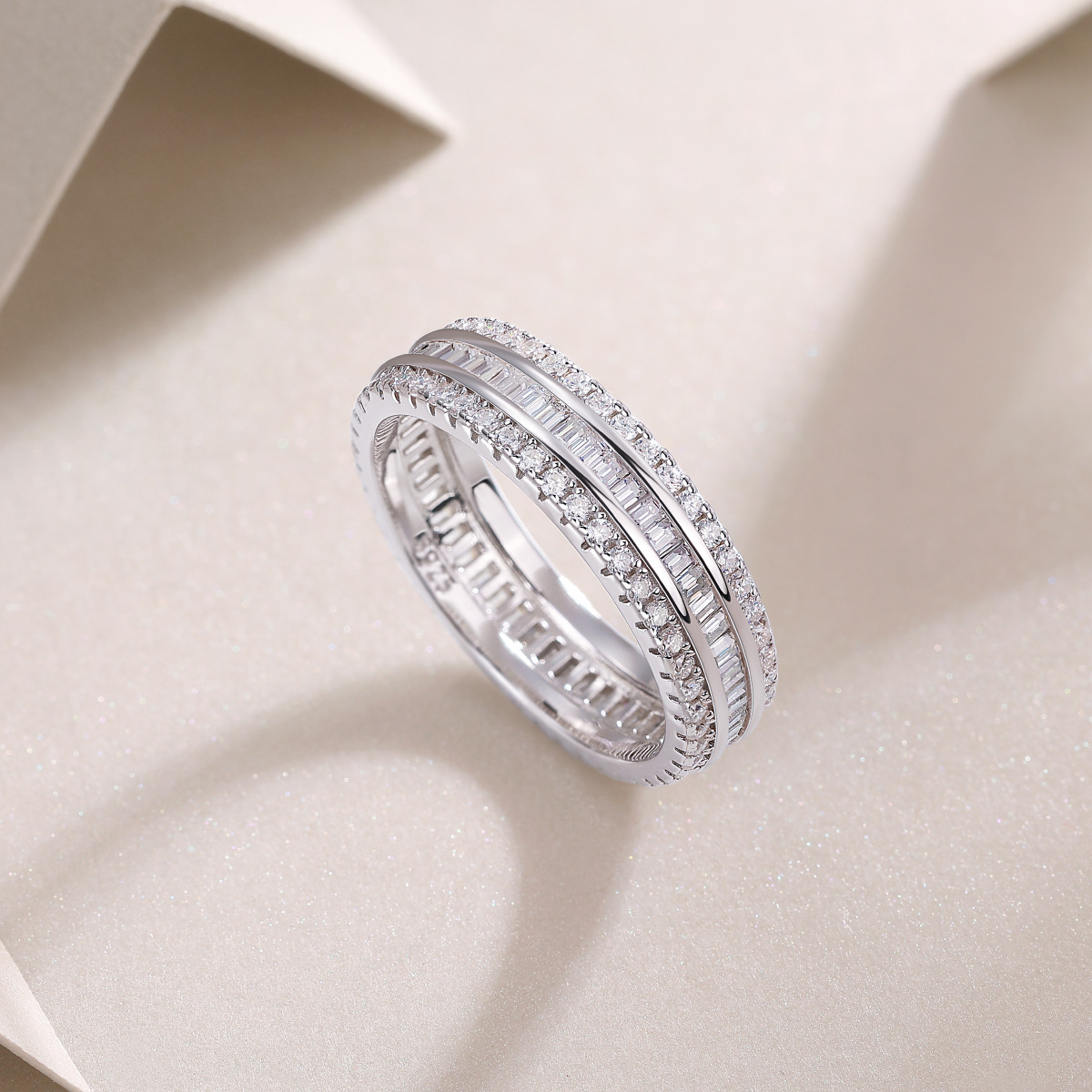 Moissanite Emerald Cut and Round Cut Triple Row Channel Setting Band Stackable Ring-Sterling Silver-lornajewelry