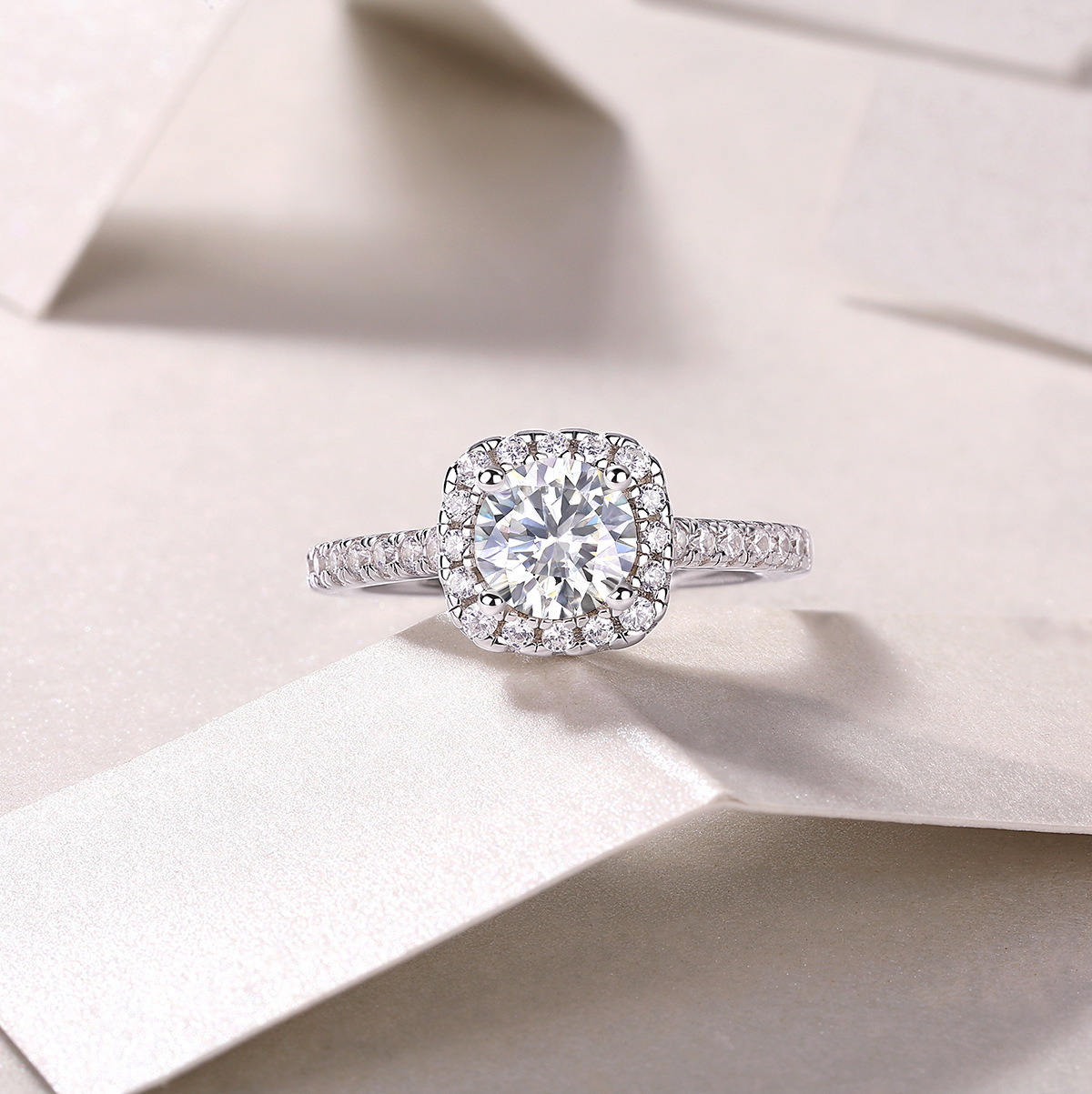 1Ct Moissanite Halo Round Cut Four Prong Engagement Ring-Sterling Silver-lornajewelry