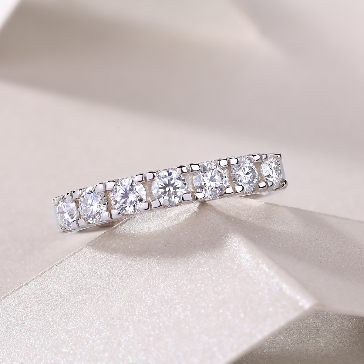 Moissanite Pave Half Eternity Wedding Band Stackable Ring-Sterling Silver-lornajewelry