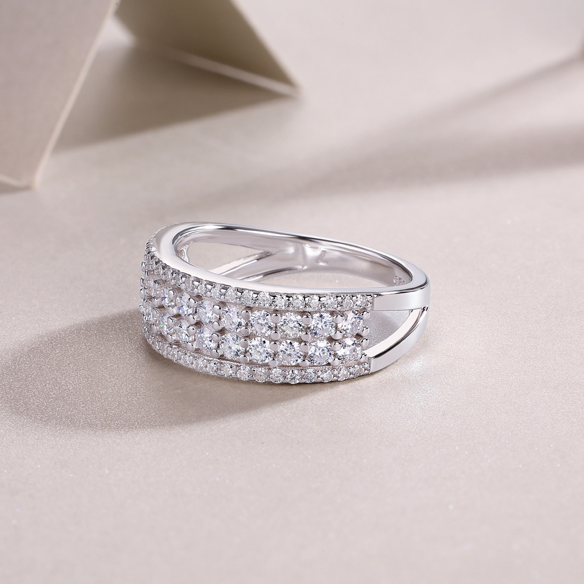 Moissanite Quadruple Row Pave Half Eternity Wedding Band Ring-Sterling Silver-lornajewelry