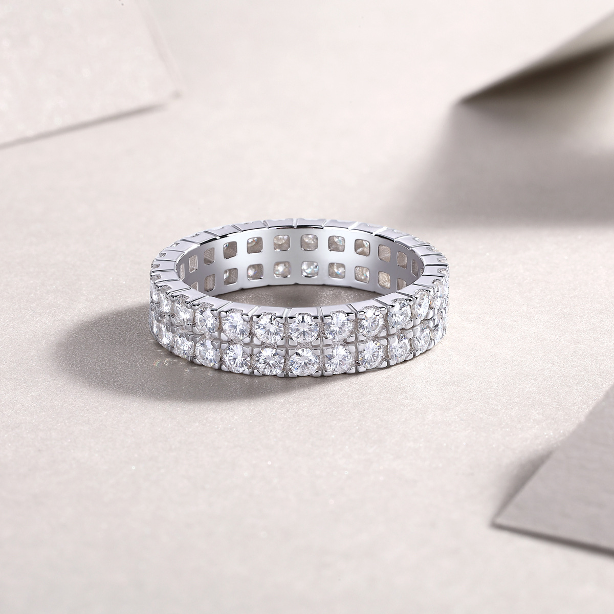 Moissanite Double Row Pave Full Eternity Wedding Band Stackable Ring-Sterling Silver-lornajewelry