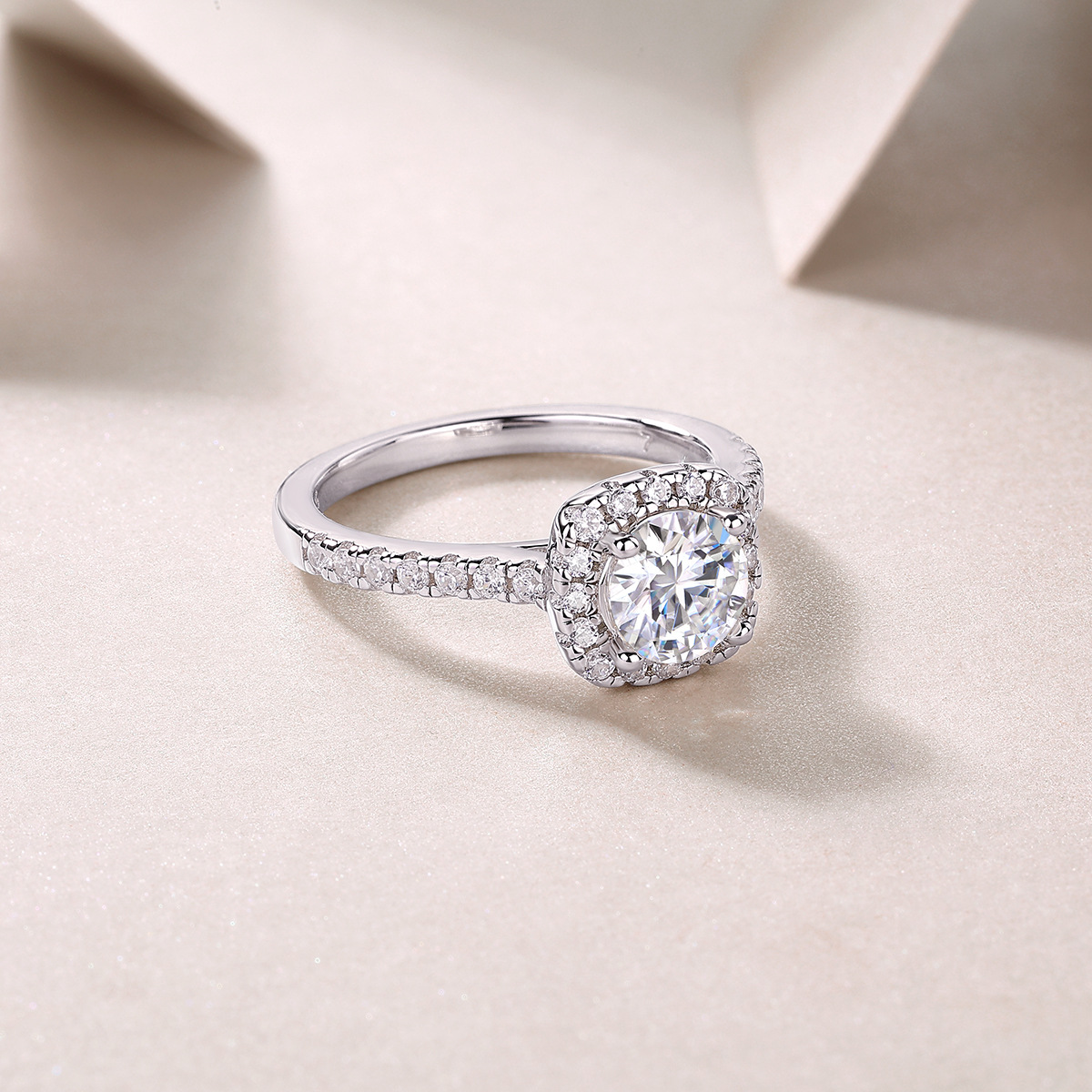 1Ct Moissanite Halo Round Cut Four Prong Engagement Ring-Sterling Silver-lornajewelry