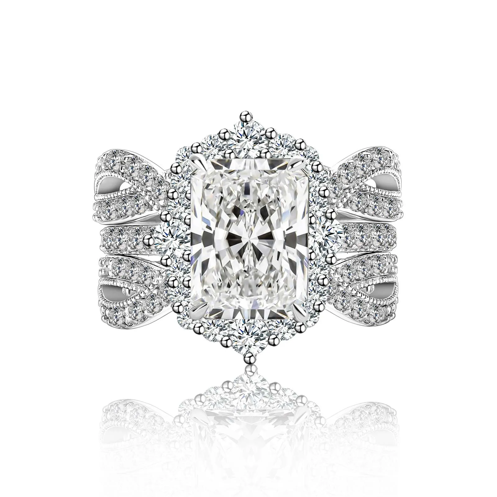 Luna Moissanite 4.0 Ct Radiant Cut Insert 2-Pc Wedding Ring Set In Sterling Silver