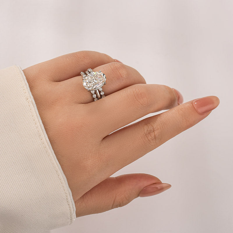 Luna Moissanite 4.0 Ct Oval Cut Solitaire 3-Pc Wedding Ring Set In Sterling Silver
