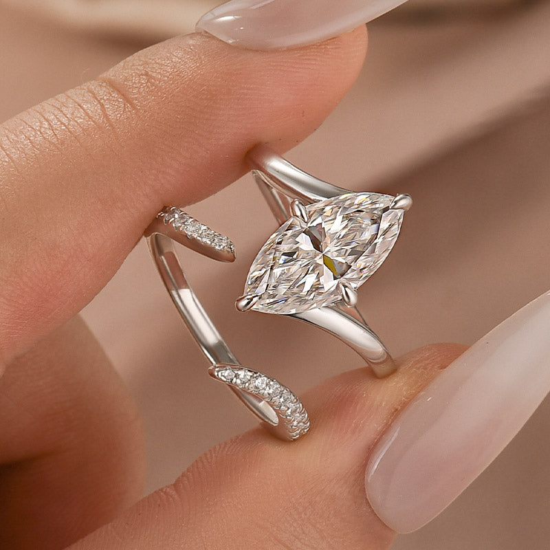 Luna Moissanite 3.0 Ct Marquise Cut Insert 2-Pc Wedding Ring Set In Sterling Silver