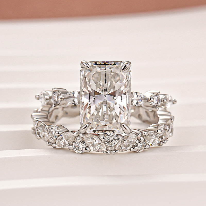 Luna Moissanite 4.0 Ct Radiant Cut Side Stone 2-Pc Wedding Ring Set In Sterling Silver