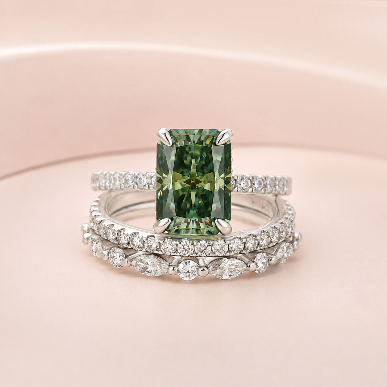 Luna Moissanite 2.5 Ct Radiant Cut Green 3-Pc Wedding Ring Set In Sterling Silver