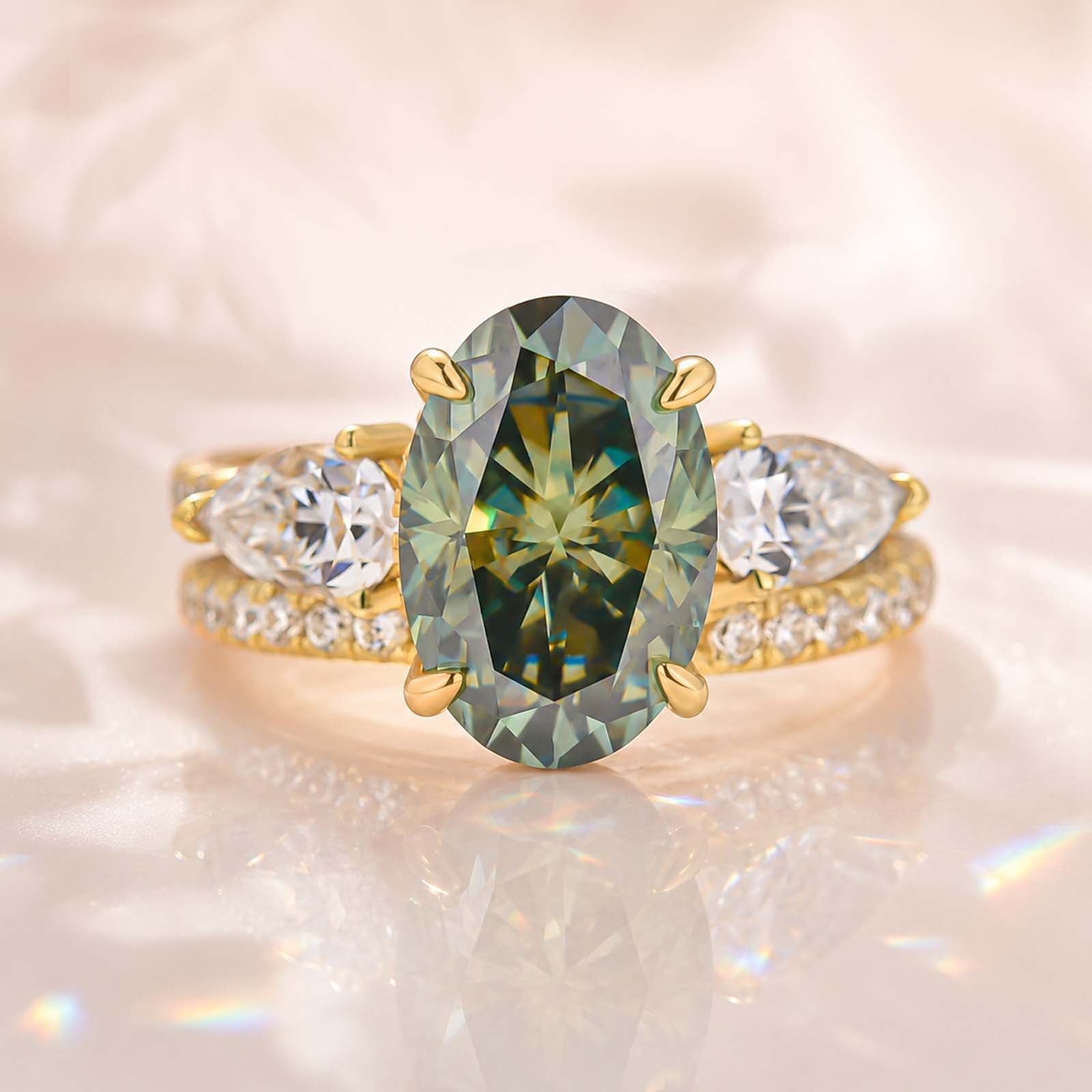 Luna Moissanite 4.0 Ct Green Oval Cut Insert 2-Pc Wedding Ring Set In Sterling Silver