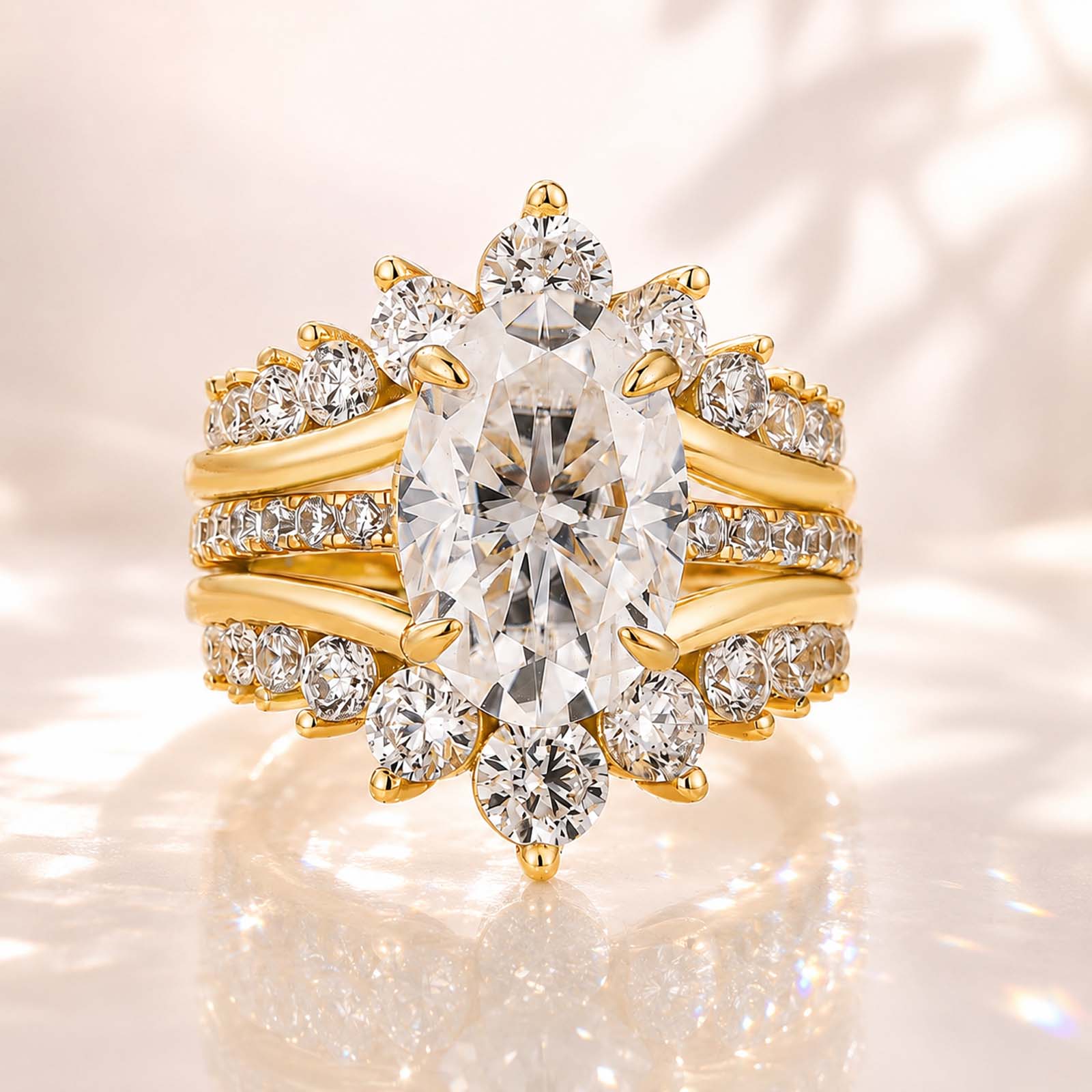 Luna Moissanite 4.0 Ct Oval Cut Insert 2-Pc Wedding Ring Set In Sterling Silver with Crown Shaped Ring Enhancer
