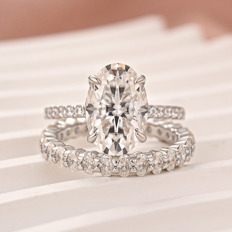Luna Moissanite 4.0 Ct Oval Cut Pave 3-Pc Wedding Ring Set In Sterling Silver With Oval Cut Band