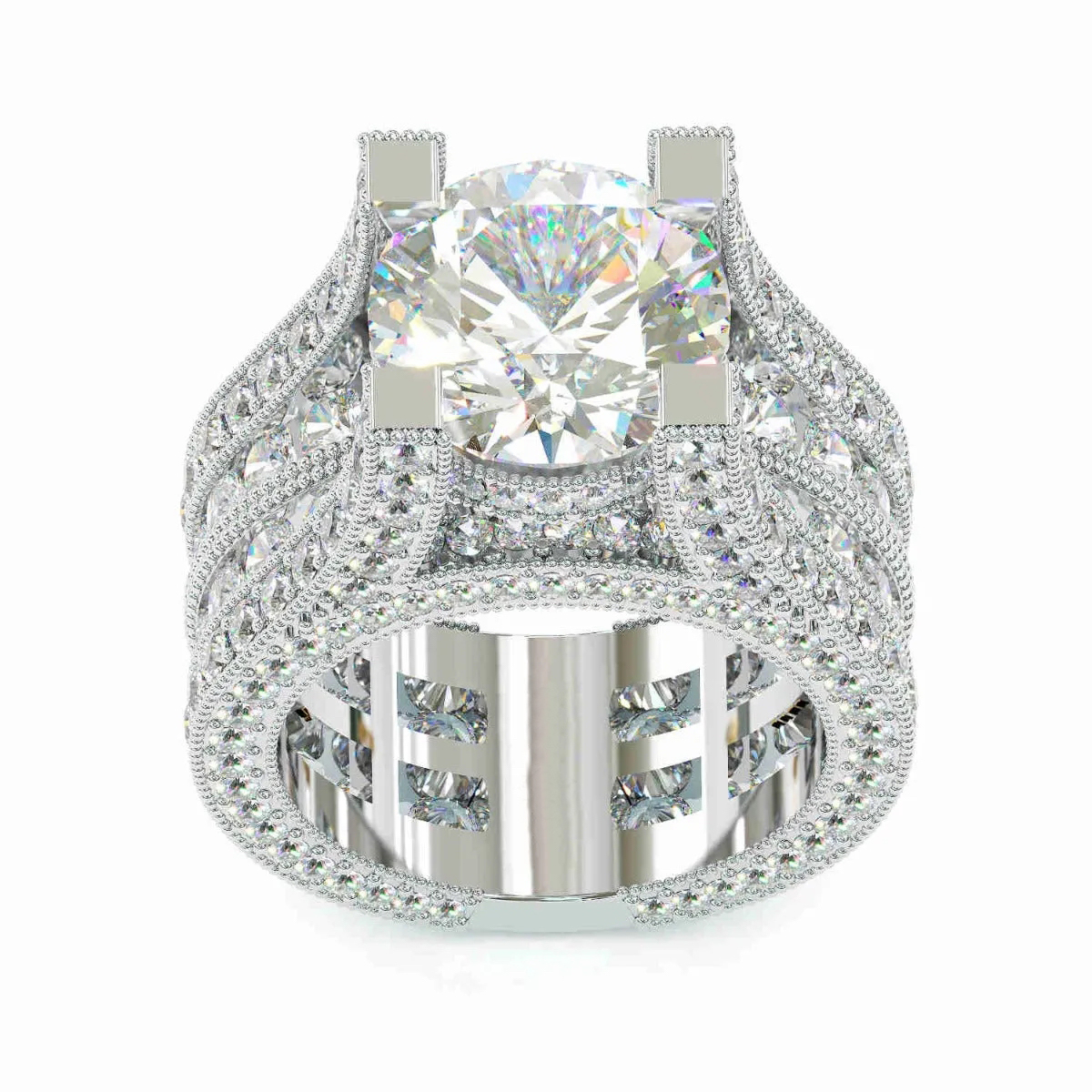 Luna Moissanite 3.0 Ct Round Cut Luxury Setting Wide Band Engagement Ring In Sterling Silver