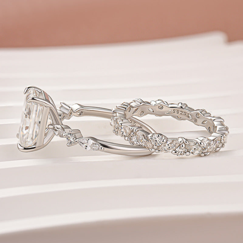 Luna Moissanite 4.0 Ct Radiant Cut Side Stone 2-Pc Wedding Ring Set In Sterling Silver