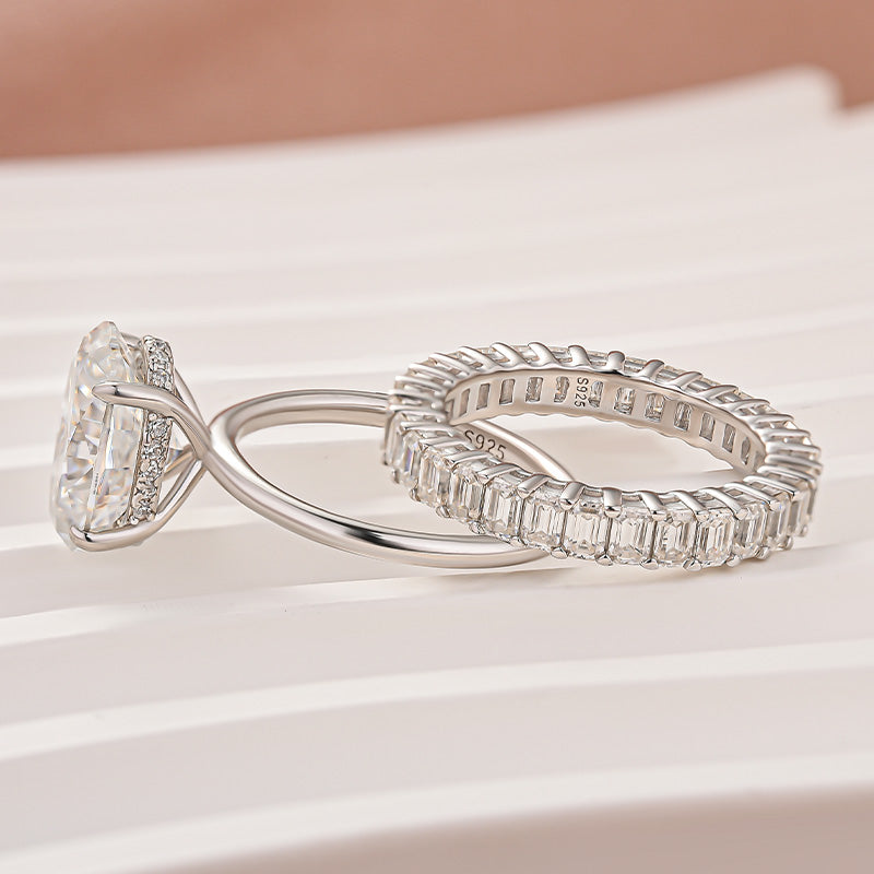 Luna Moissanite 4.0 Ct Oval Cut Solitaire 2-Pc Wedding Ring Set In Sterling Silver with Emerald Cut Wedding Band