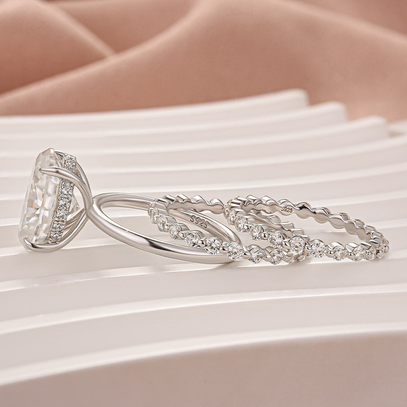 Luna Moissanite 4.0 Ct Oval Cut Solitaire 3-Pc Wedding Ring Set In Sterling Silver
