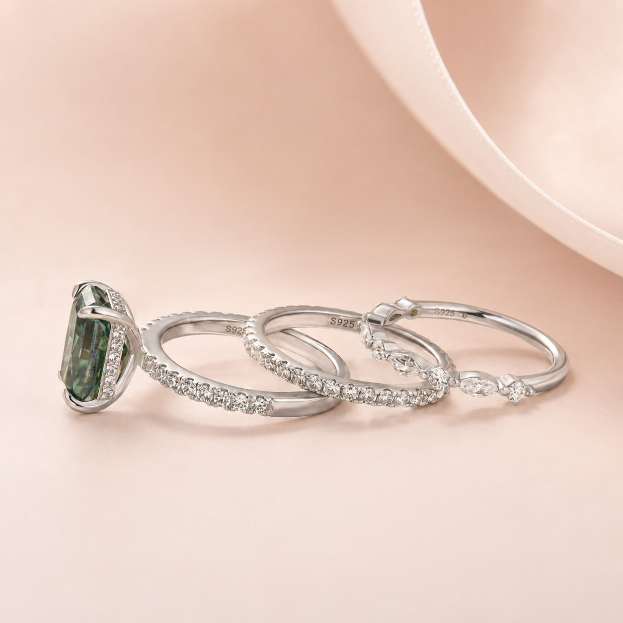 Luna Moissanite 2.5 Ct Radiant Cut Green 3-Pc Wedding Ring Set In Sterling Silver