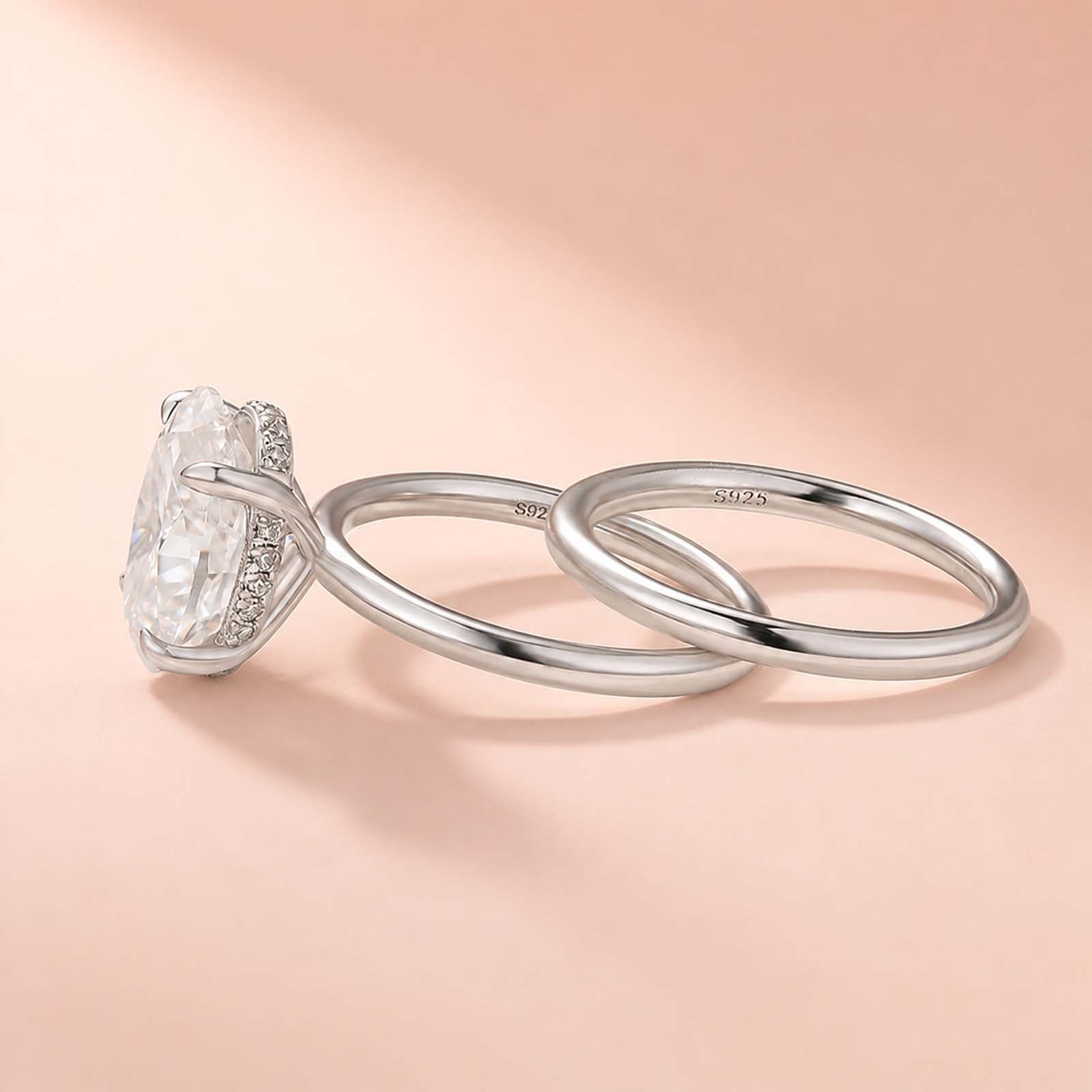 Luna Moissanite 2.0 Ct ～ 4.0 Ct Oval Cut Solitaire Classic 2-Pc Wedding Ring Set In Sterling Silver