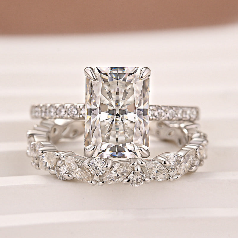 Luna Moissanite 4.0 Ct Radiant Cut Pave 2-Pc Wedding Ring Set In Sterling Silver