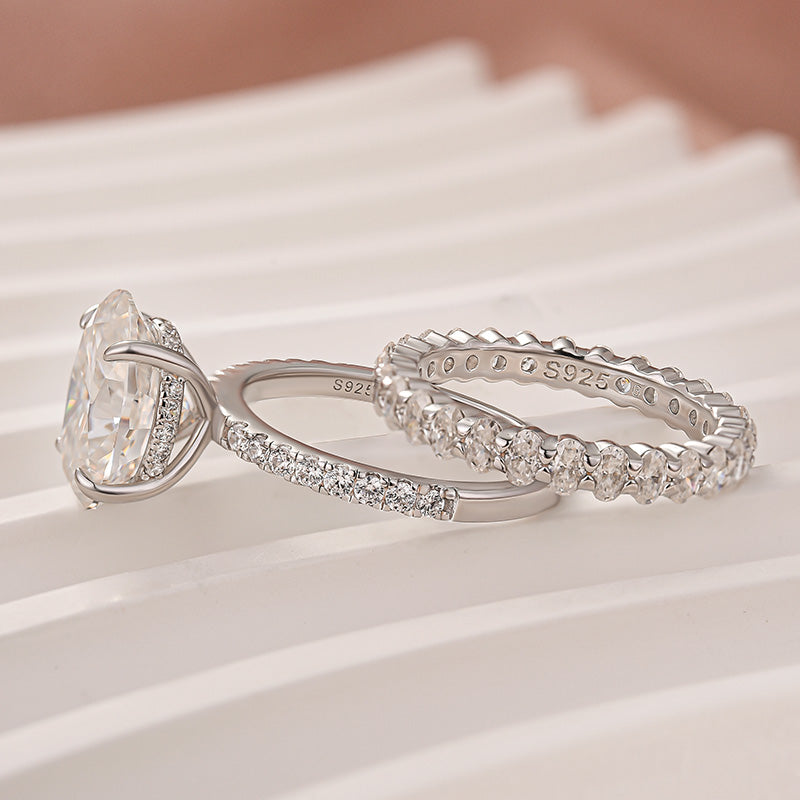 Luna Moissanite 4.0 Ct Oval Cut Pave 3-Pc Wedding Ring Set In Sterling Silver With Oval Cut Band