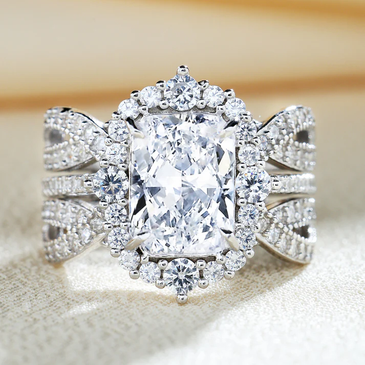 4Ct Vintage Halo Radiant Cut Wedding Ring Set In Sterling Silver