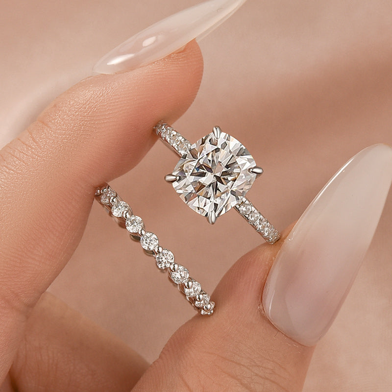 Luna Moissanite 3.5 Ct Cushion Cut Pave 2-Pc Wedding Ring Set In Sterling Silver