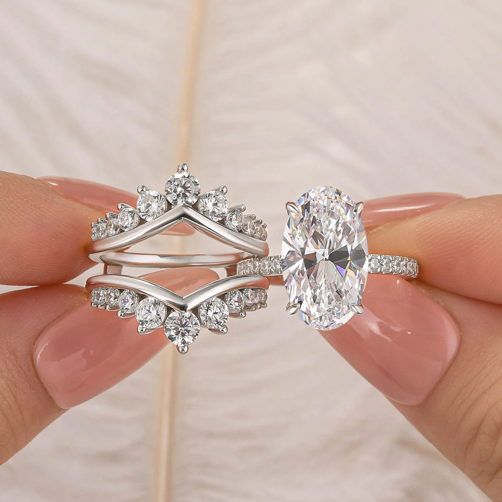 4Ct Oval Cut Insert Wedding Ring Set with Crown Shaped Engagement Ring Enhancer in Sterling Silver