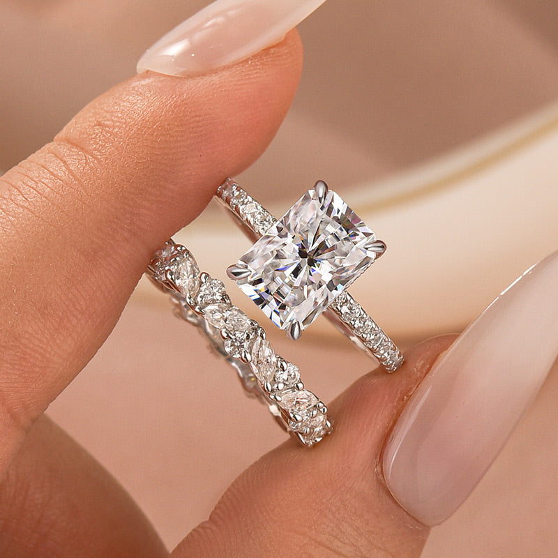 Luna Moissanite 4.0 Ct Radiant Cut Pave 2-Pc Wedding Ring Set In Sterling Silver