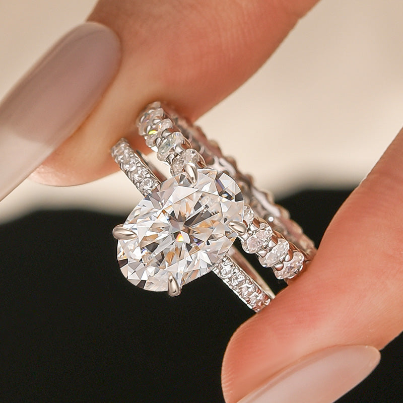 Luna Moissanite 4.0 Ct Oval Cut Pave 3-Pc Wedding Ring Set In Sterling Silver With Oval Cut Band
