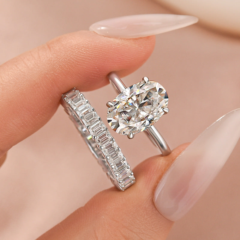 Luna Moissanite 4.0 Ct Oval Cut Solitaire 2-Pc Wedding Ring Set In Sterling Silver with Emerald Cut Wedding Band