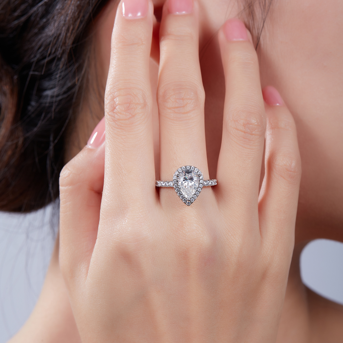 2Ct Moissanite Pear Cut Halo Chic Design Engagement Ring in Sterling Silver-Sterling Silver-lornajewelry