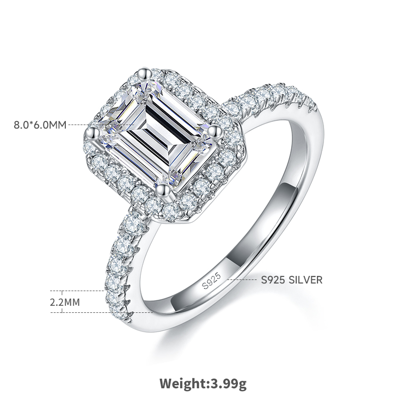 2Ct Moissanite Emerald Cut Halo Chic Design Engagement Ring in Sterling Silver-Sterling Silver-lornajewelry