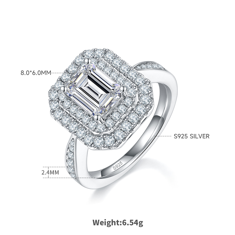 2Ct Moissanite Emerald Cut Glamorous Halo Engagement Ring in Sterling Silver-Sterling Silver-lornajewelry