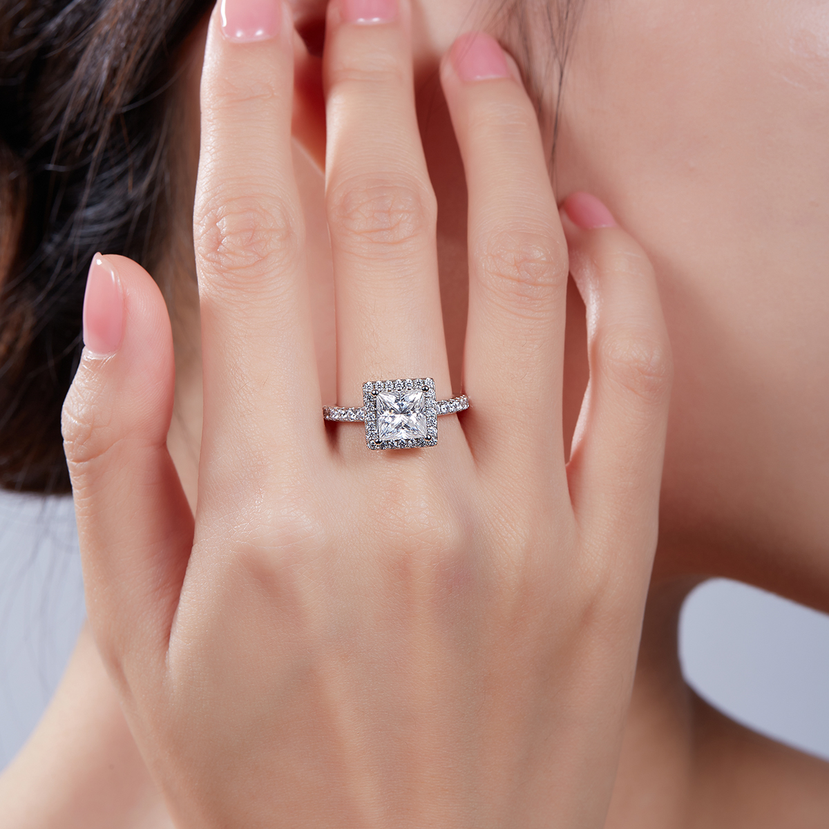 2Ct Moissanite Princess Cut Halo Chic Design Engagement Ring in Sterling Silver-Sterling Silver-lornajewelry