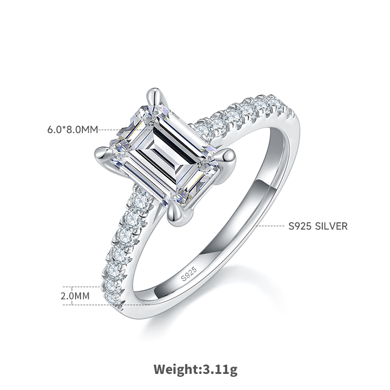 2Ct Moissanite Emerald Cut Delicate Pave Engagement Ring in Sterling Silver-Sterling Silver-lornajewelry