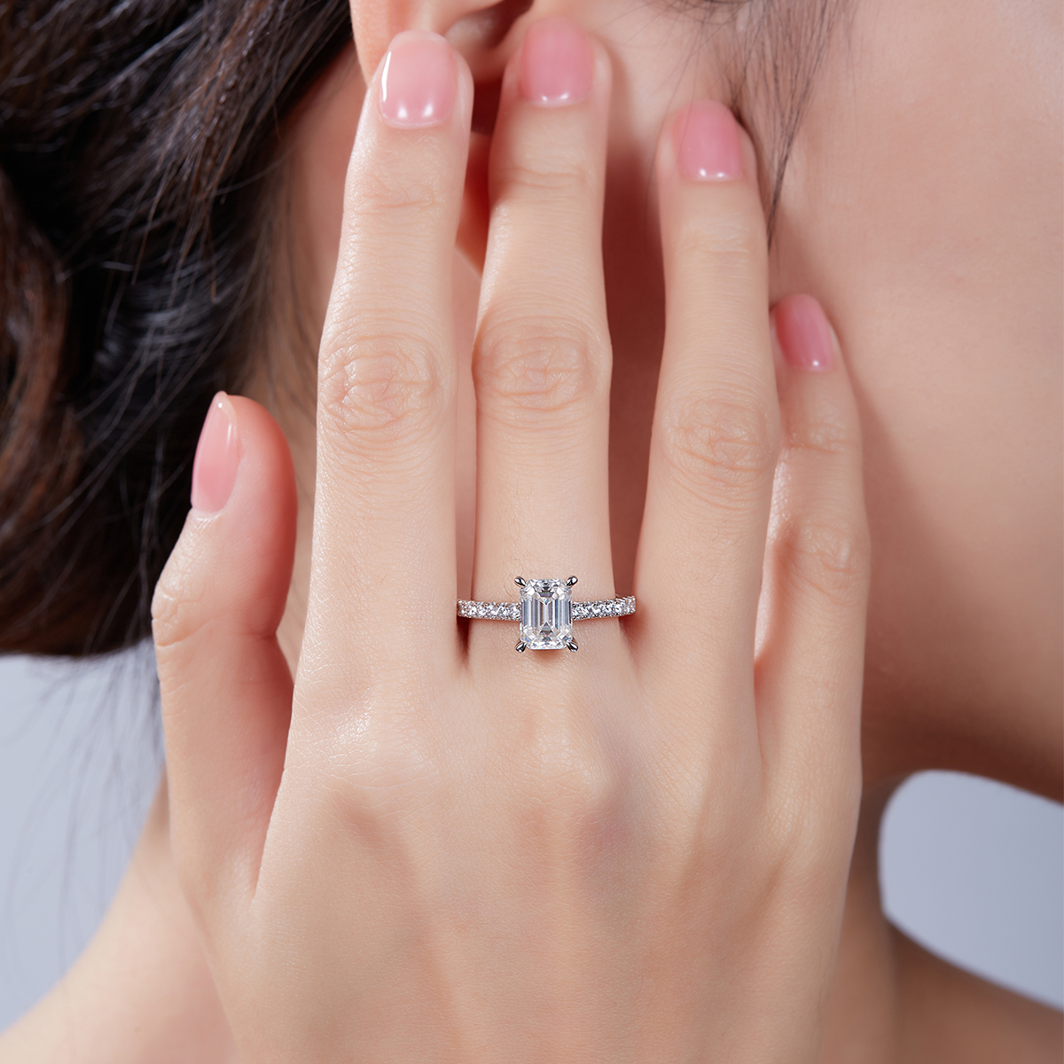 2Ct Moissanite Emerald Cut Delicate Pave Engagement Ring in Sterling Silver-Sterling Silver-lornajewelry