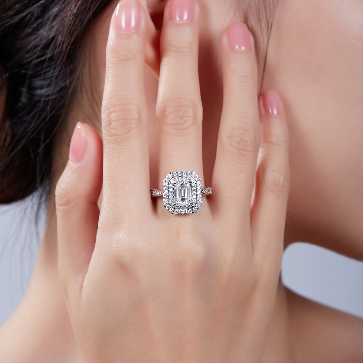2Ct Moissanite Emerald Cut Glamorous Halo Engagement Ring in Sterling Silver-Sterling Silver-lornajewelry