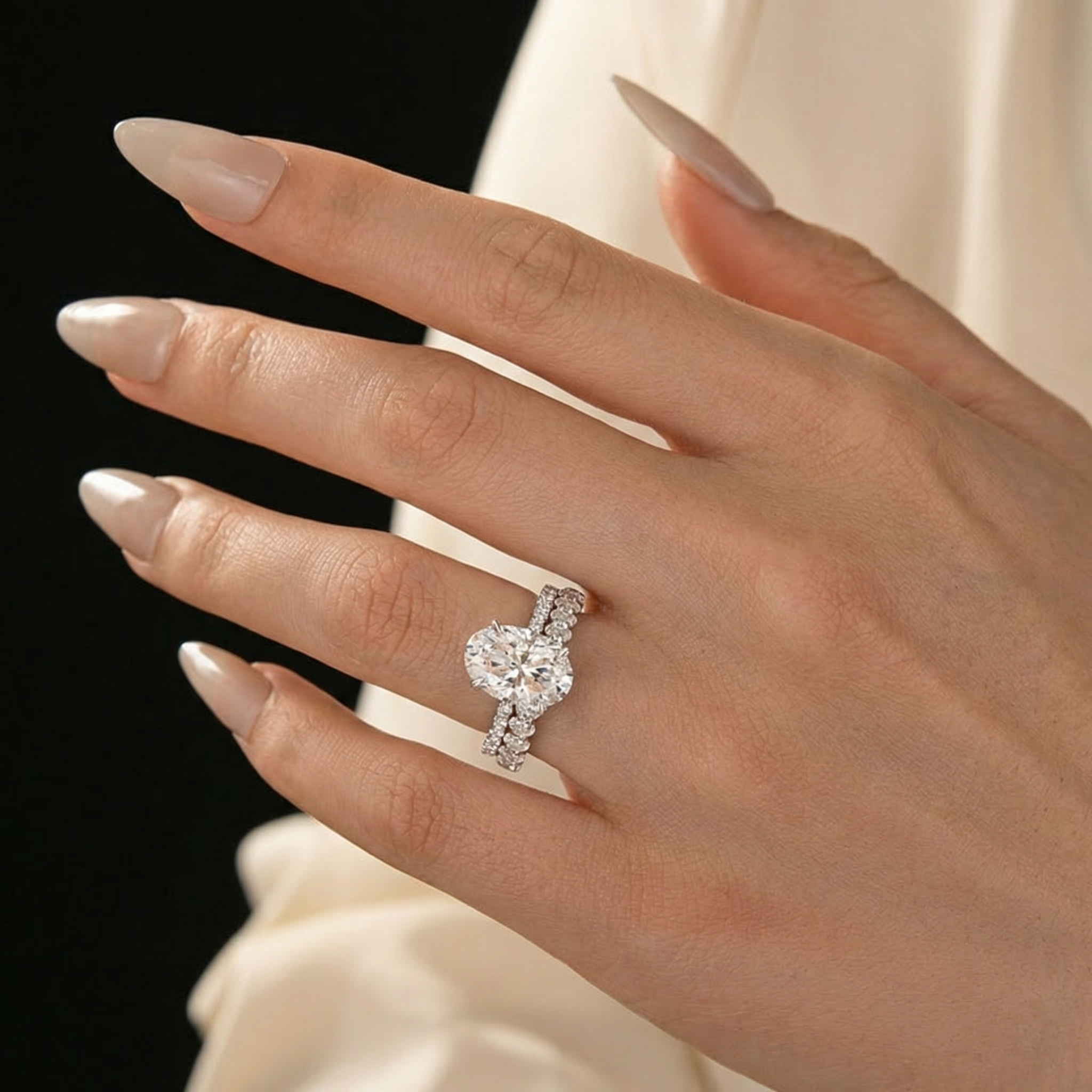 Luna Moissanite 4.0 Ct Oval Cut Pave 3-Pc Wedding Ring Set In Sterling Silver With Oval Cut Band
